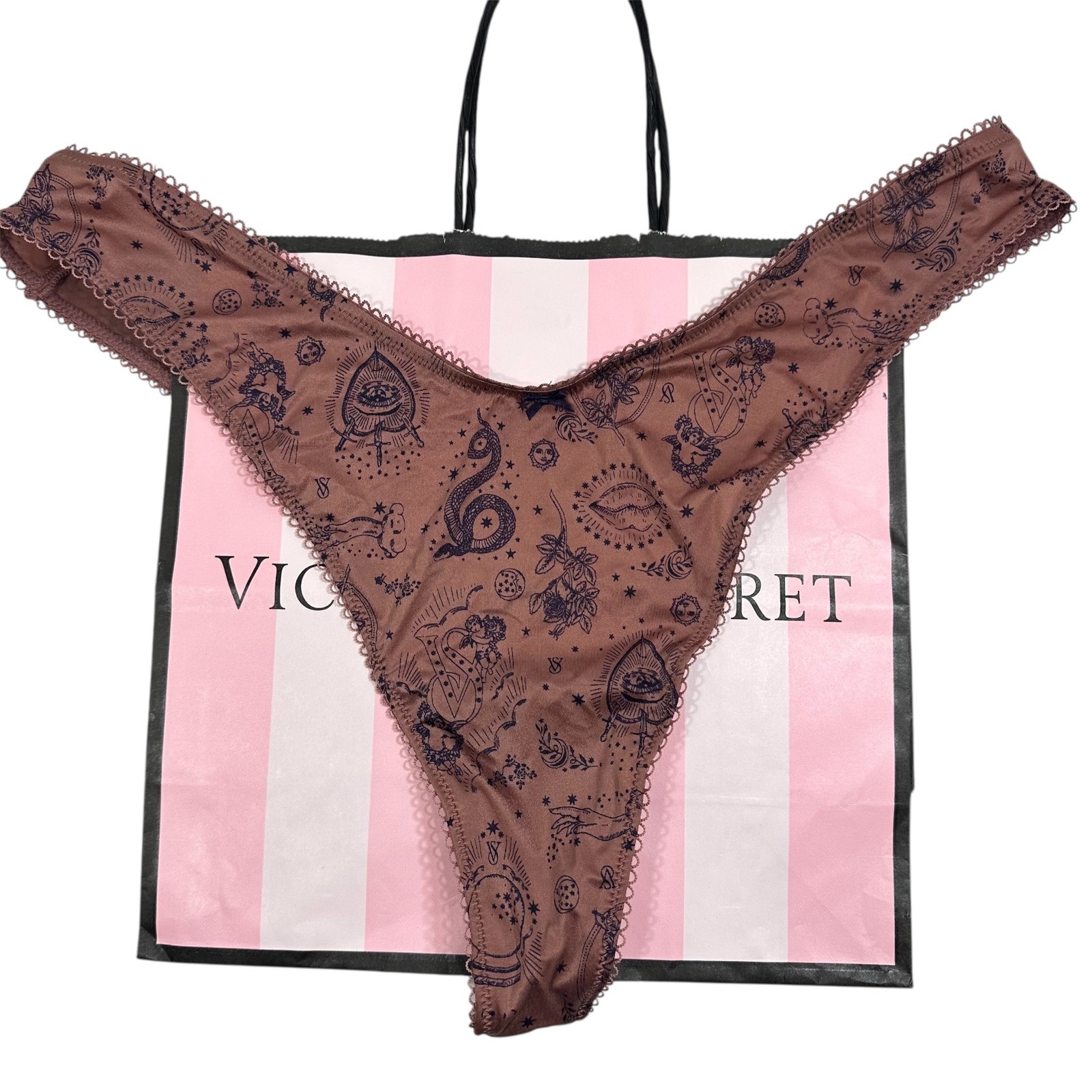 NWT Victoria’s Secret High-Leg Thong Panty Brown Occult Print Lace Trim L