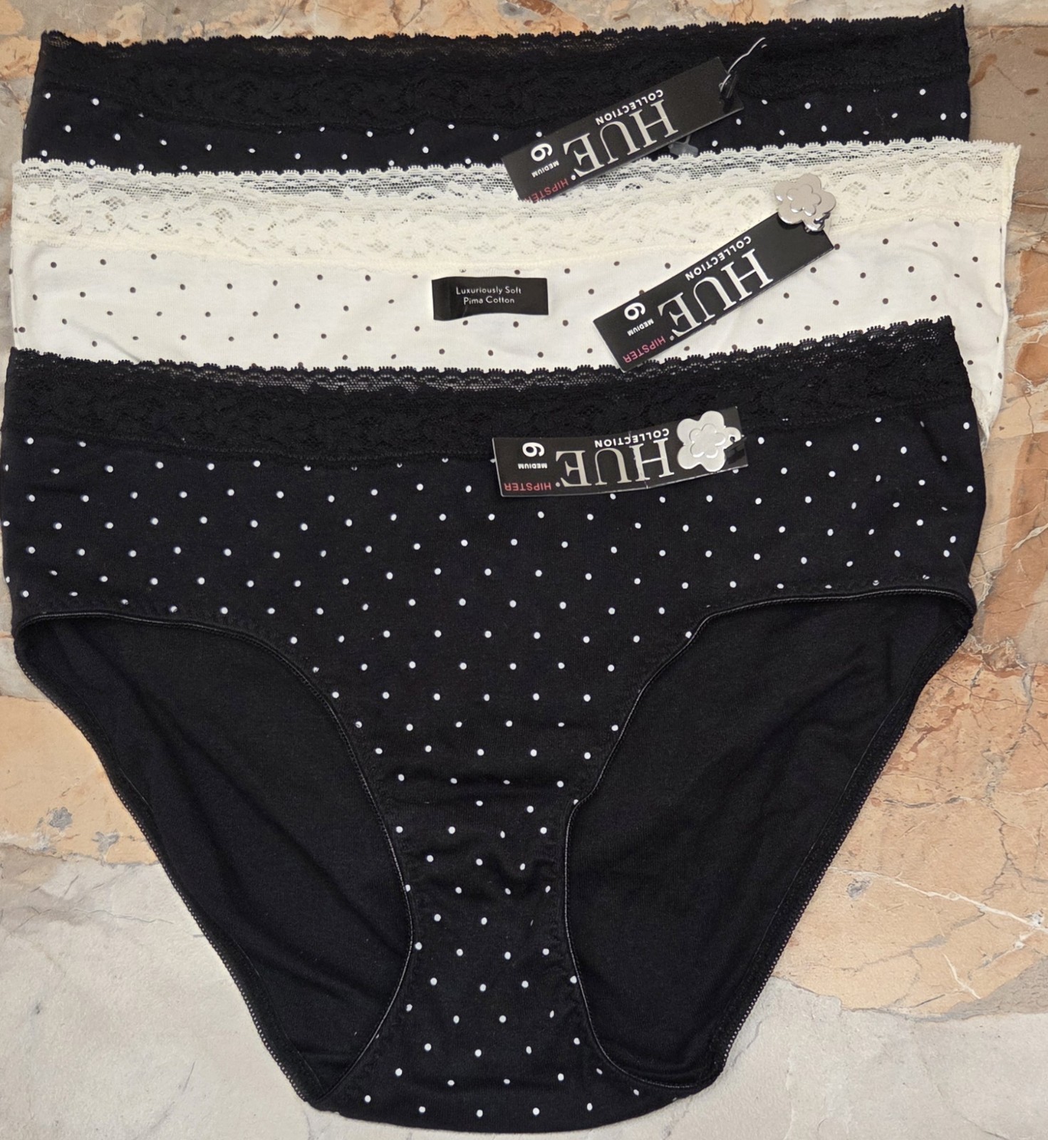 Hue Collection Pima Cotton Hipster Panties 3 In Pack Sz Med 6 Black Ivory NWT