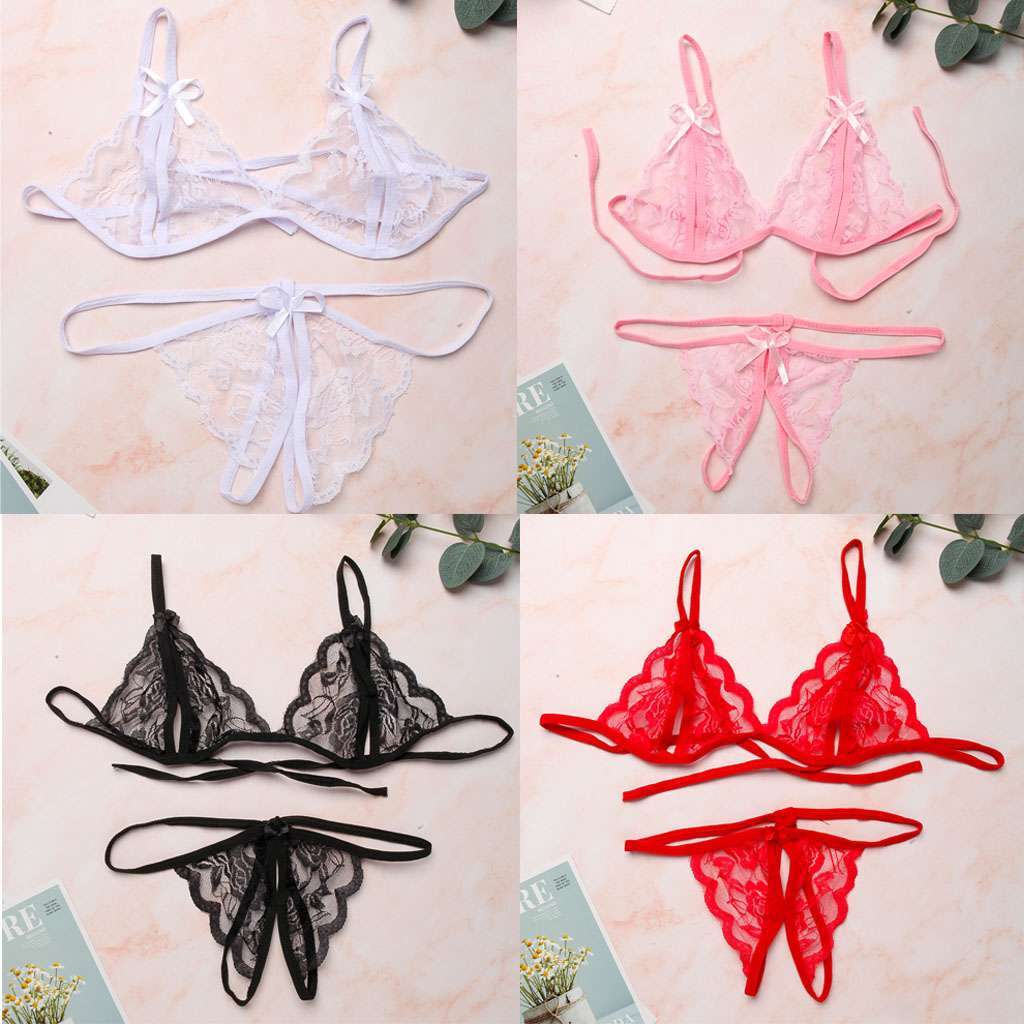 Women Lingerie Underwear Set Open Cup Sheer Lace Bra Open Crotch Pant Babydoll