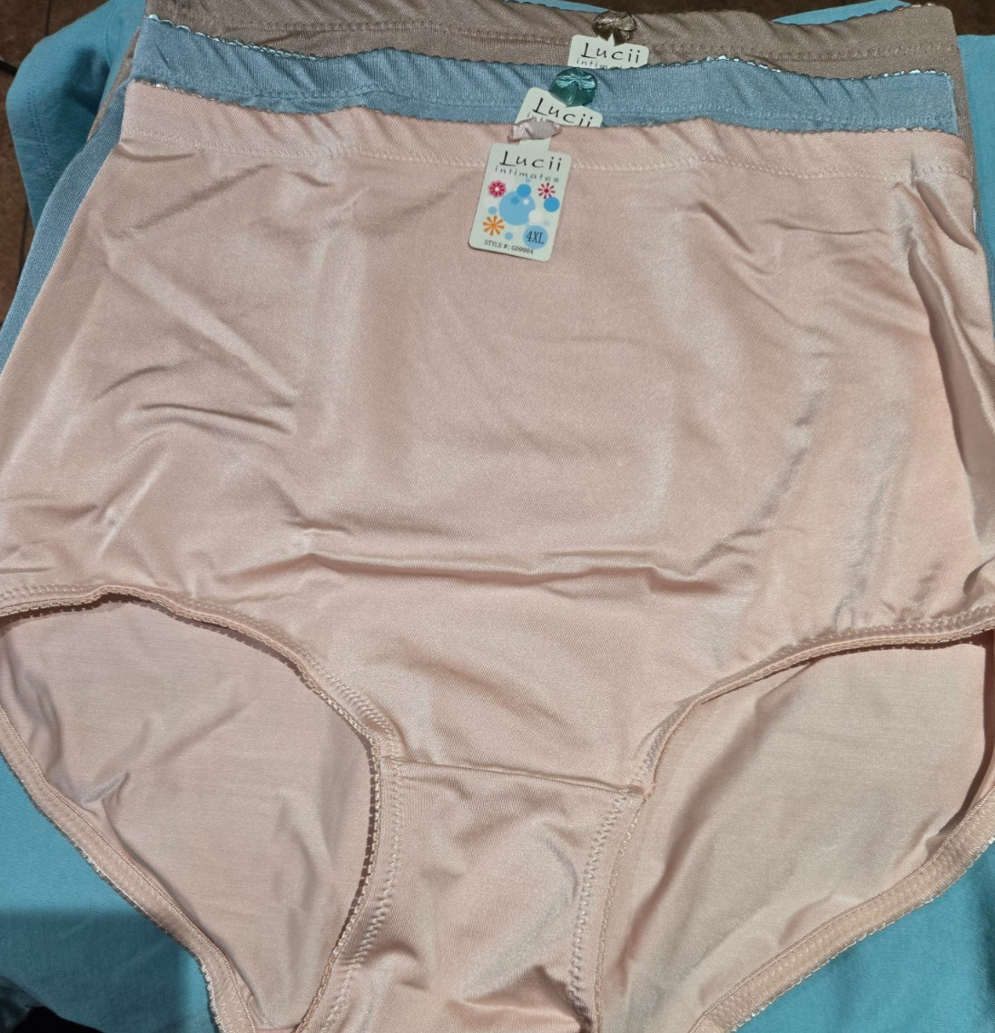 NWT LUCII INTIMATE LOT 3 SPANDX UNDERWEAR PANTIES 4XL IVORY, LIGHT BLUE, SAND