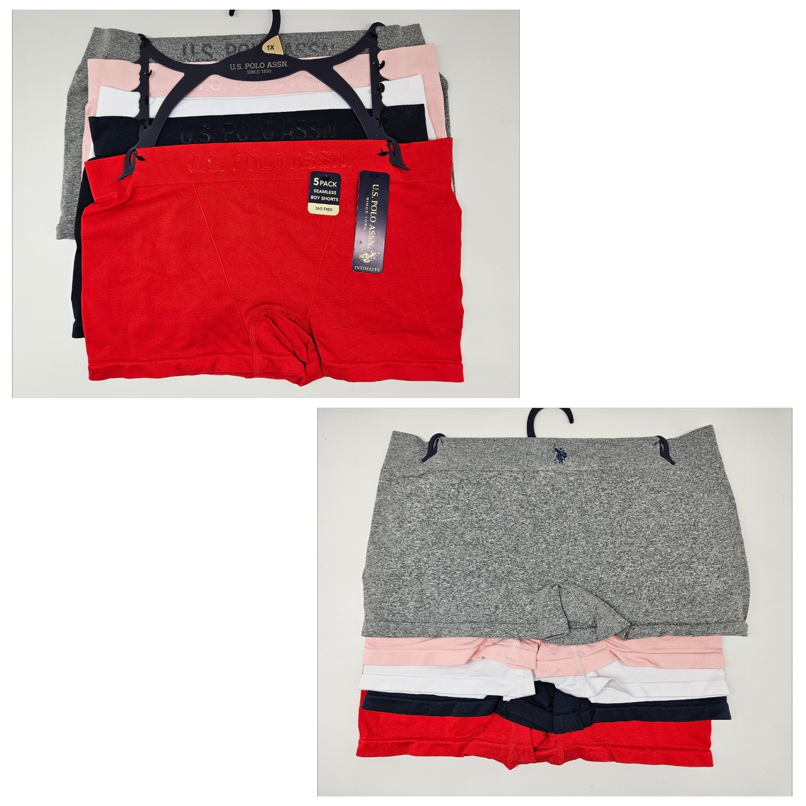 5 Pk US POLO ASSN Womens 1X 2X Seamless Logo Boy Shorts Gray Pink White Navy Red