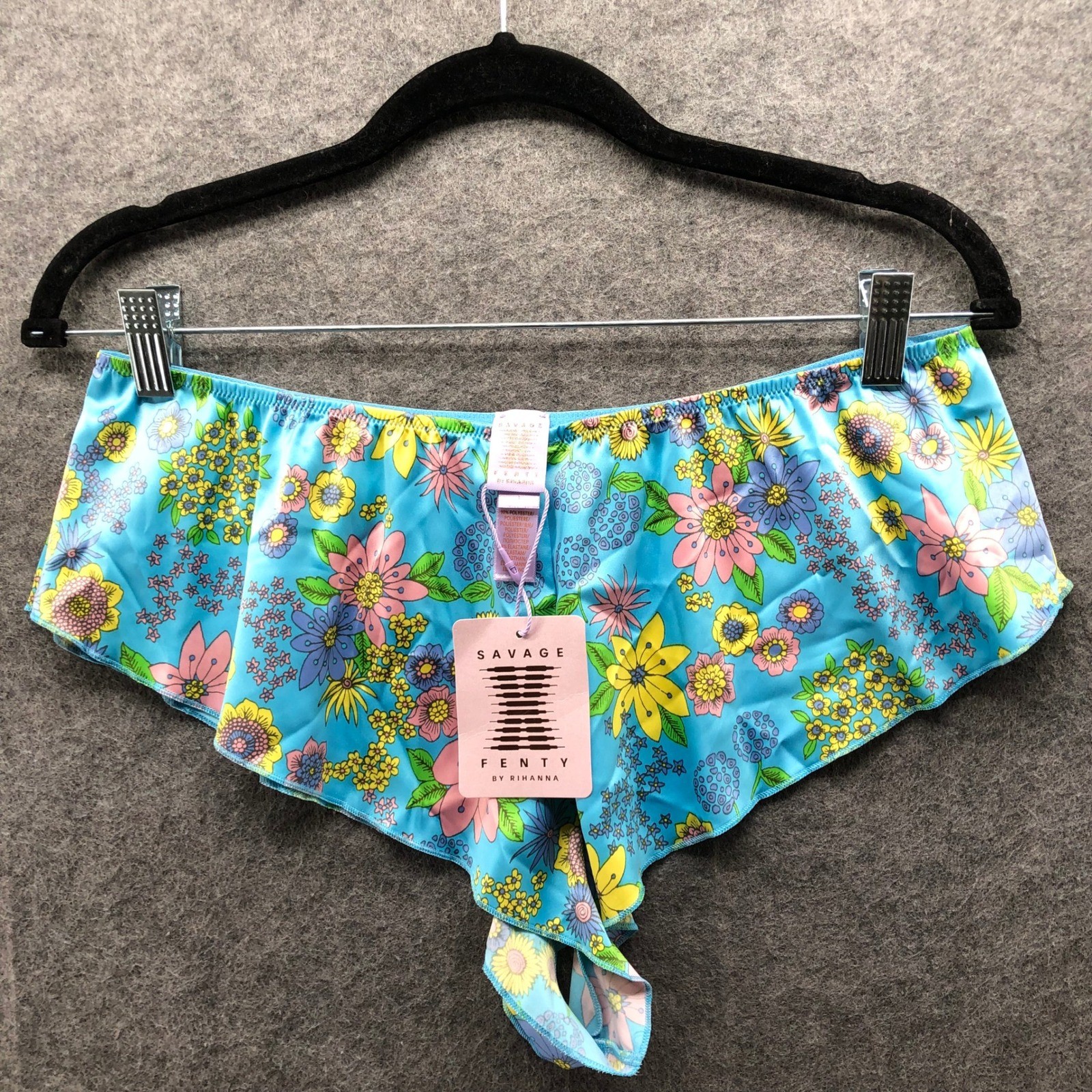 NWT Savage X Fenty Booty Shorts Womens Large Blue Floral Satin Lounge Pajama