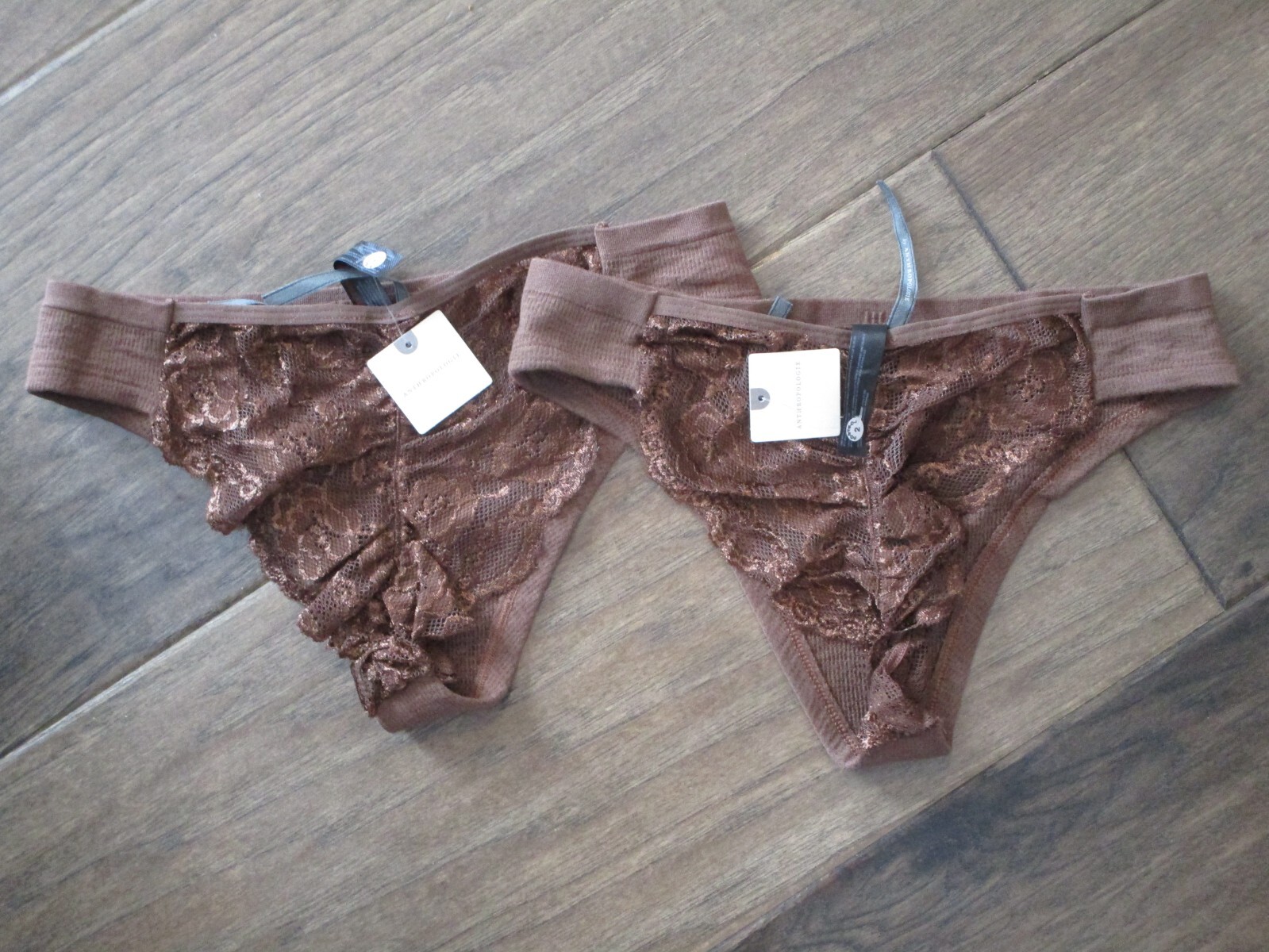 2 ANTHROPOLOGIE DANNI LACE-BACK THONG PANTIES IN BROWN SIZE L/ XL
