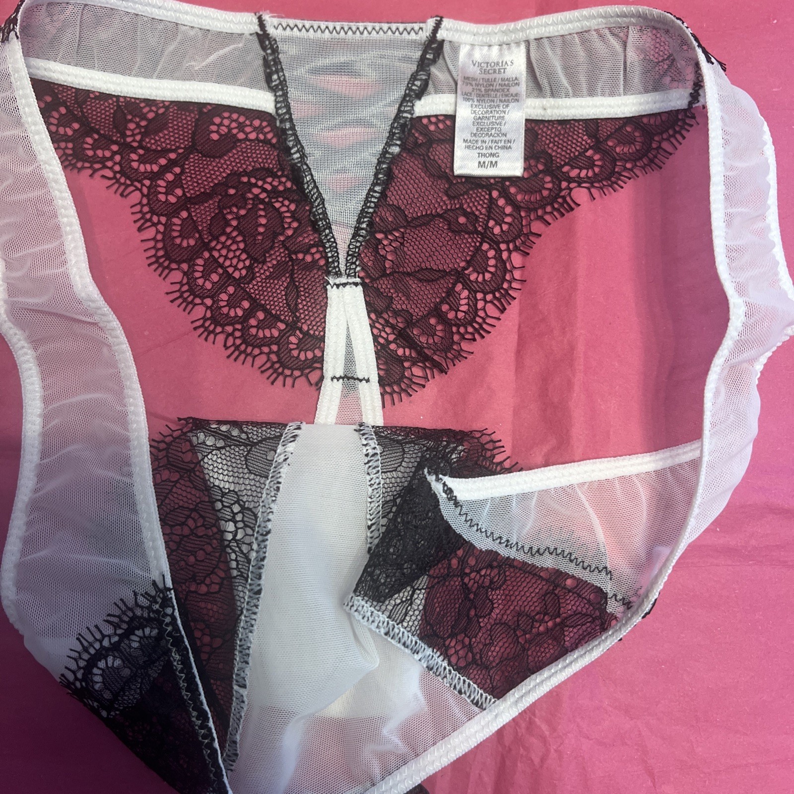 NWT VICTORIA’S SECRET Thong Pantie Sz M Black Mesh White Lace Trim With JewelBow