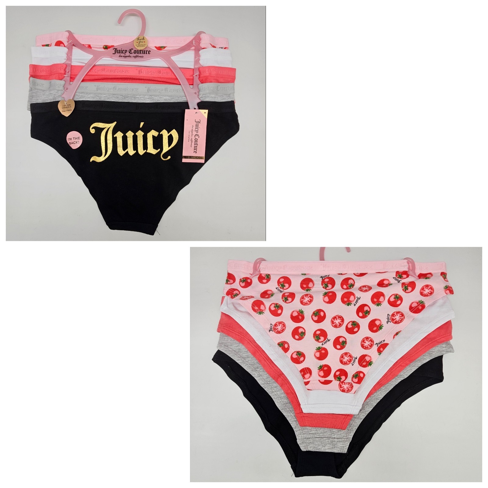 JUICY COUTURE 5 Pk Womens M L XL Logo Cotton Panties Pink White Coral Gray Black