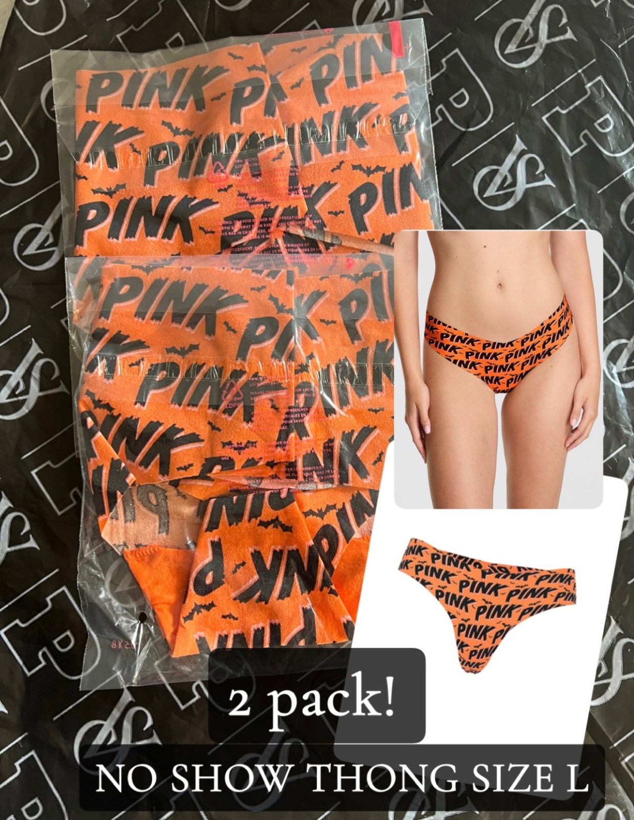 NEW 2 PK VICTORIA SECRET ORANGE/BLACK NO SHOW THONGS Halloween Gothic