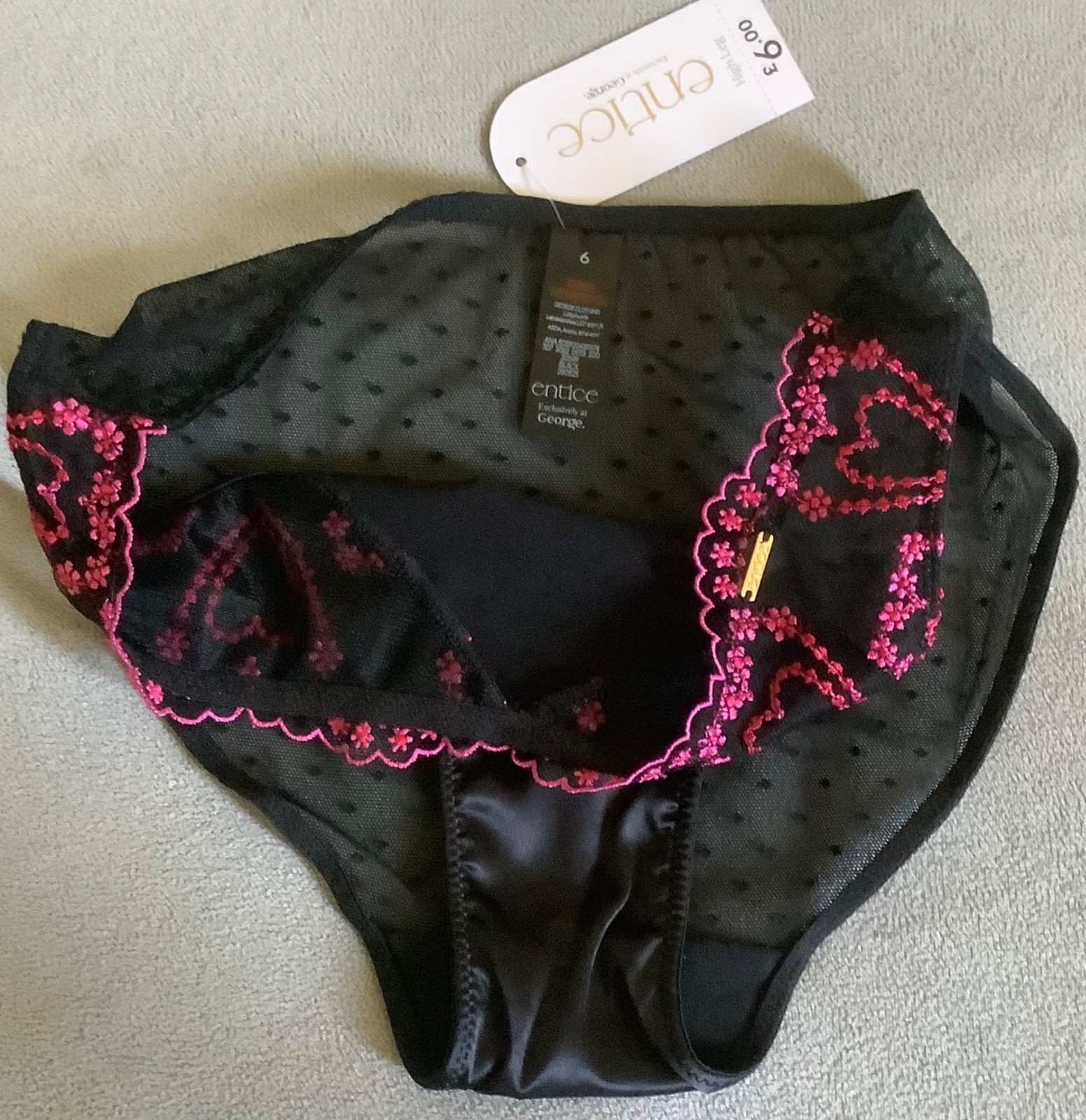 GEORGE Black with Embroidered Pink Hearts Satin,Lace & Mesh Knickers Sz 6 -BNWT