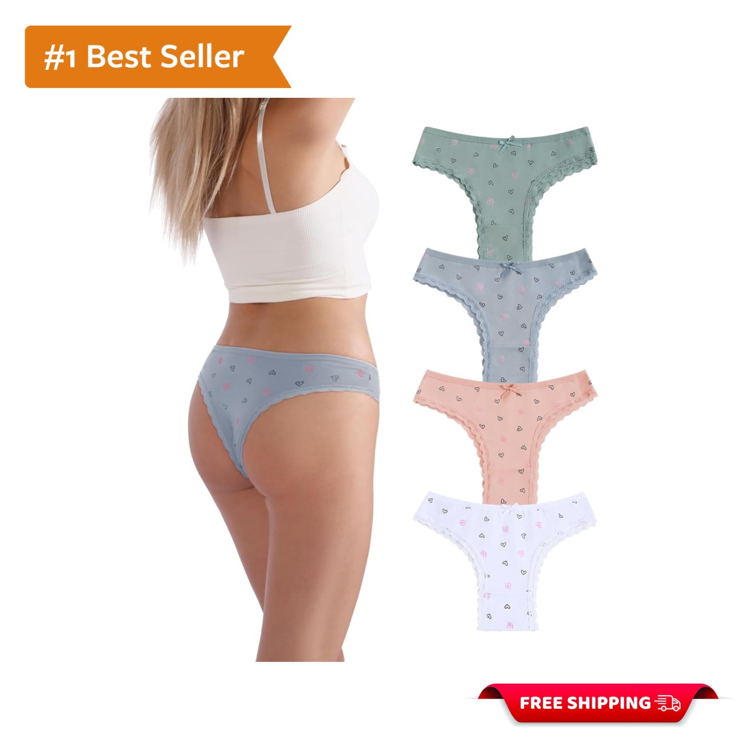Stylish Heart Patterned Low Rise Brazilian Panties – 4-Pack Cotton Comfort