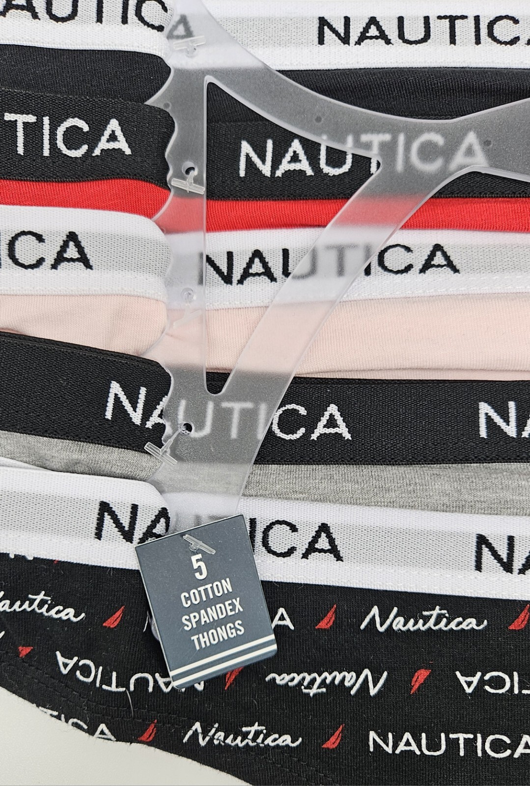 5Pk NAUTICA Women’s S M L XL Cotton Logo Thong Panties Black White Gray Red Pink
