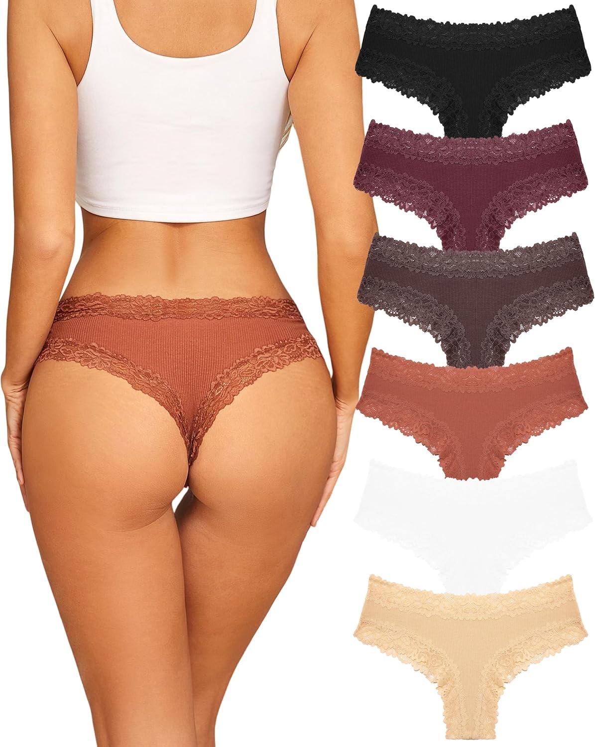 6 Pack Womens Cotton Underwear Soft Breathable Lace Brazilian Panties Low Waist