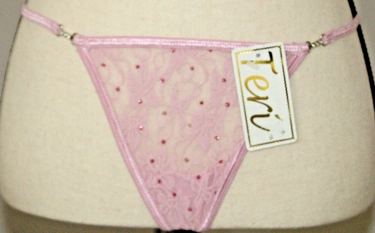 4x Teri Lingerie Floral Filigree Thong Panties : Pink : Small : Bling Embellish