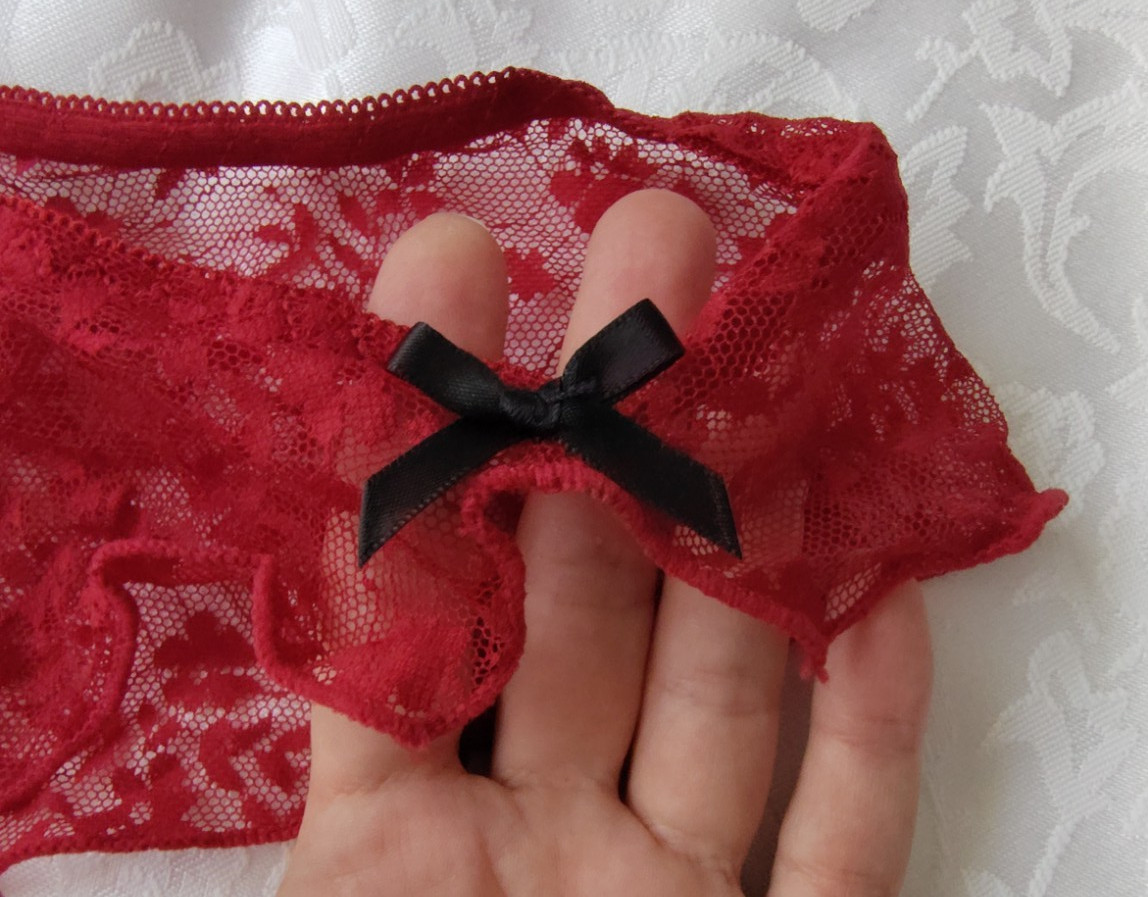 Women’s Lace Transparent Panties Lot (3) White, Red, Black Bow Accents Size M