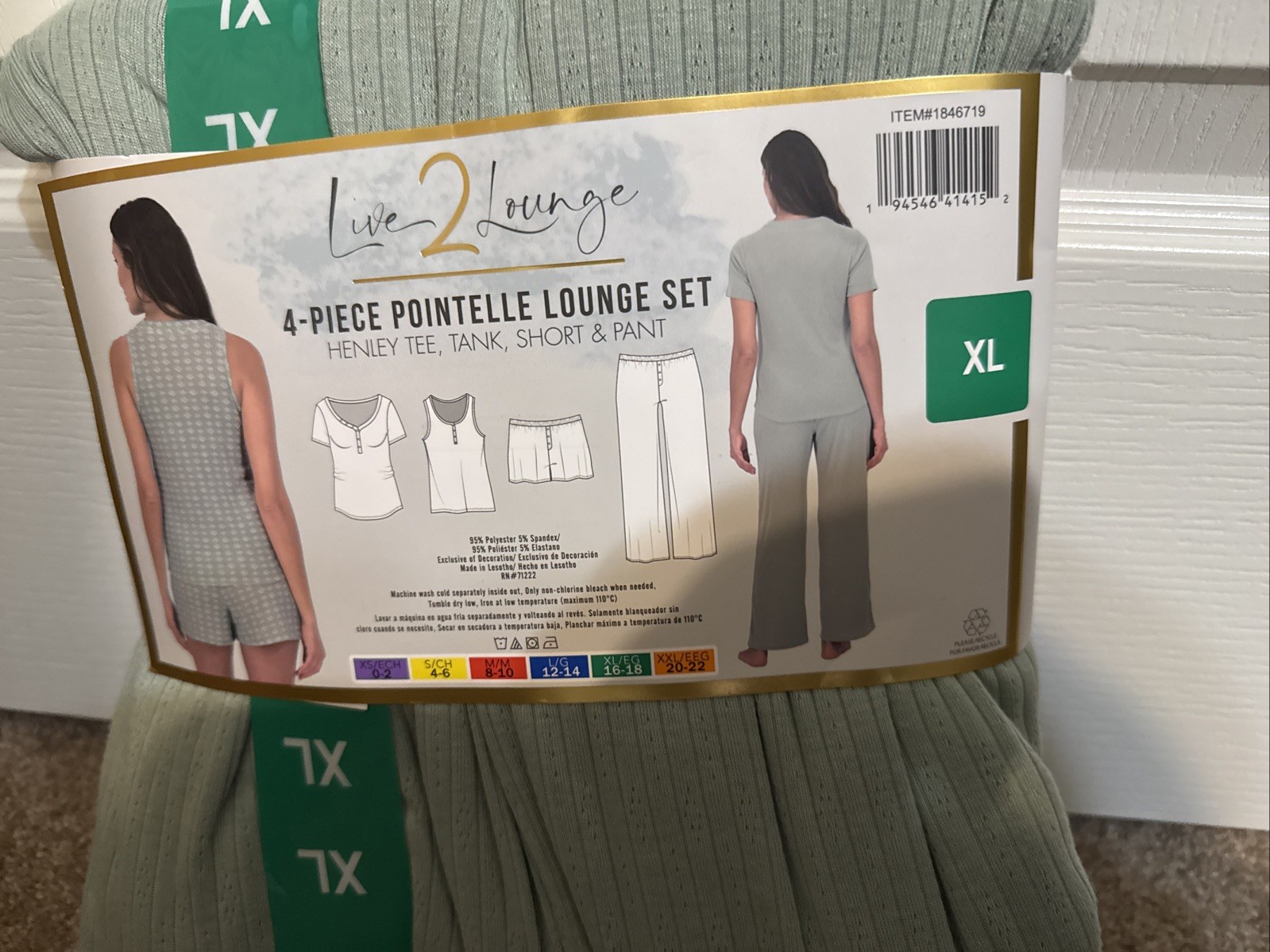 Live 2 Lounge Women’s 4 Piece Pointelle Lounge Wear Pajama Set, Green, X-Large