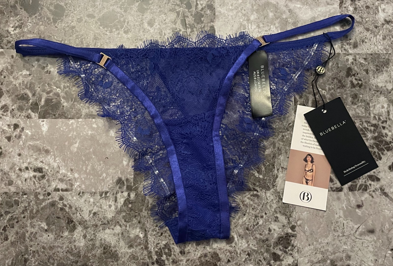 BLUEBELLA XS BLUE EYELASH LACE MESH GOLD HARDWARE STRING CHEEKY BRIEF PANTIES