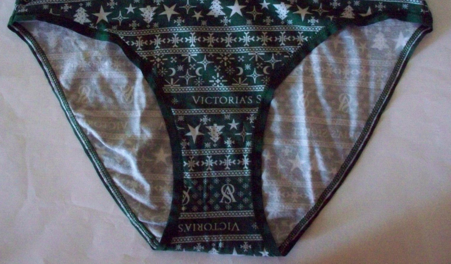 XL GREEN STAR TREE SNOWFLAKE LOGO Stretch COTTON Victoria’s Secret BIKINI Pantie