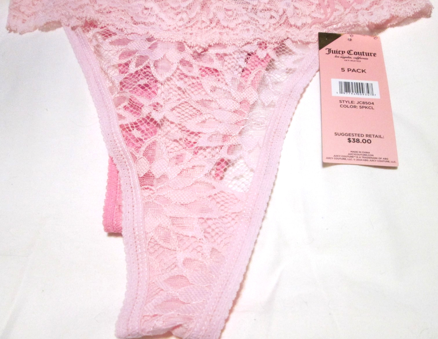 JUICY COUTURE Women’s SZ L- 5Pk Lace Logo Thong Panties Black /BLUE & pinks-NWT