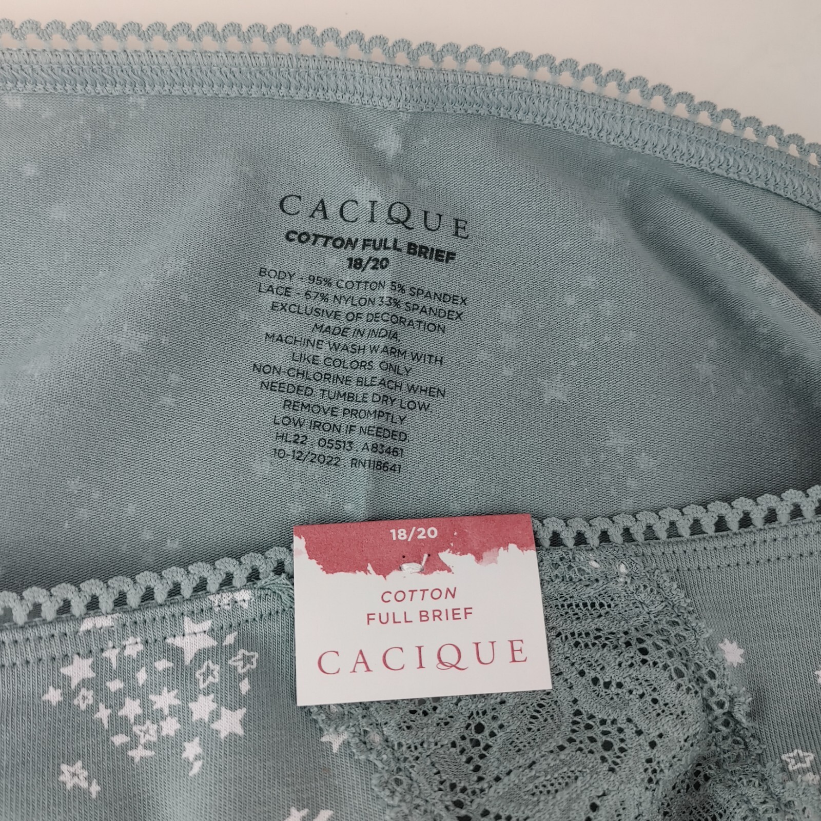 LANE BRYANT CACIQUE PLUS COTTON FULL BRIEF 18/20 PANTY GREEN STARS LACE HIP BUTT