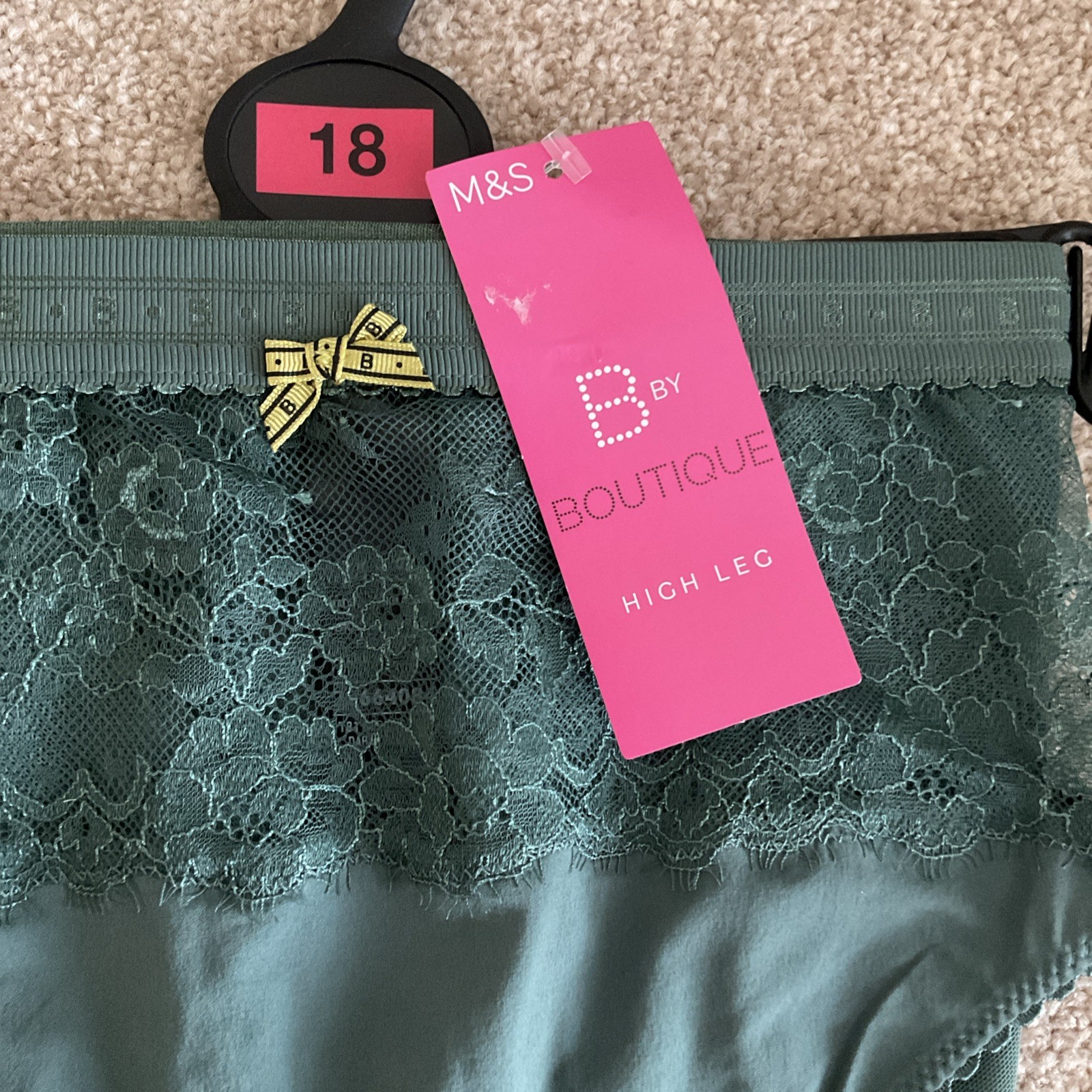 M&S Size 18 Pretty Boutique High Leg Knickers Mesh Lace Dark Khaki Green Soft