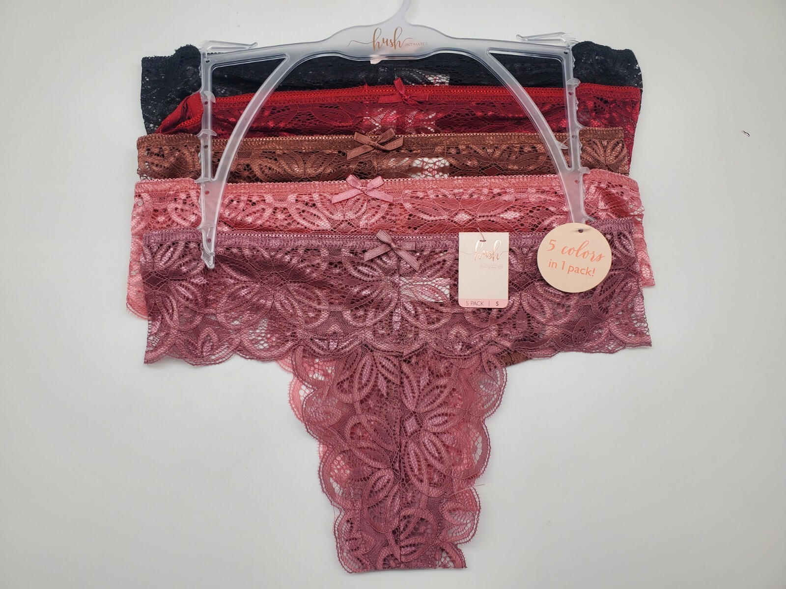 HUSH 5-Pack Women’s S-M Breathable Lace Cheeky Black/Burgundy/Mauve/Latte/Brown