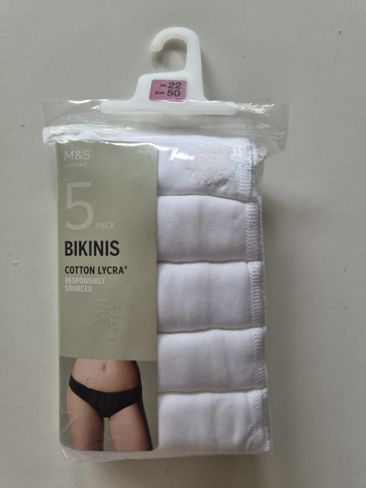 M&S SIZE 22 COTTON BIKINIS KNICKERS BRIEFS WHITE 5 PAIRS NEW MARKS AND SPENCER