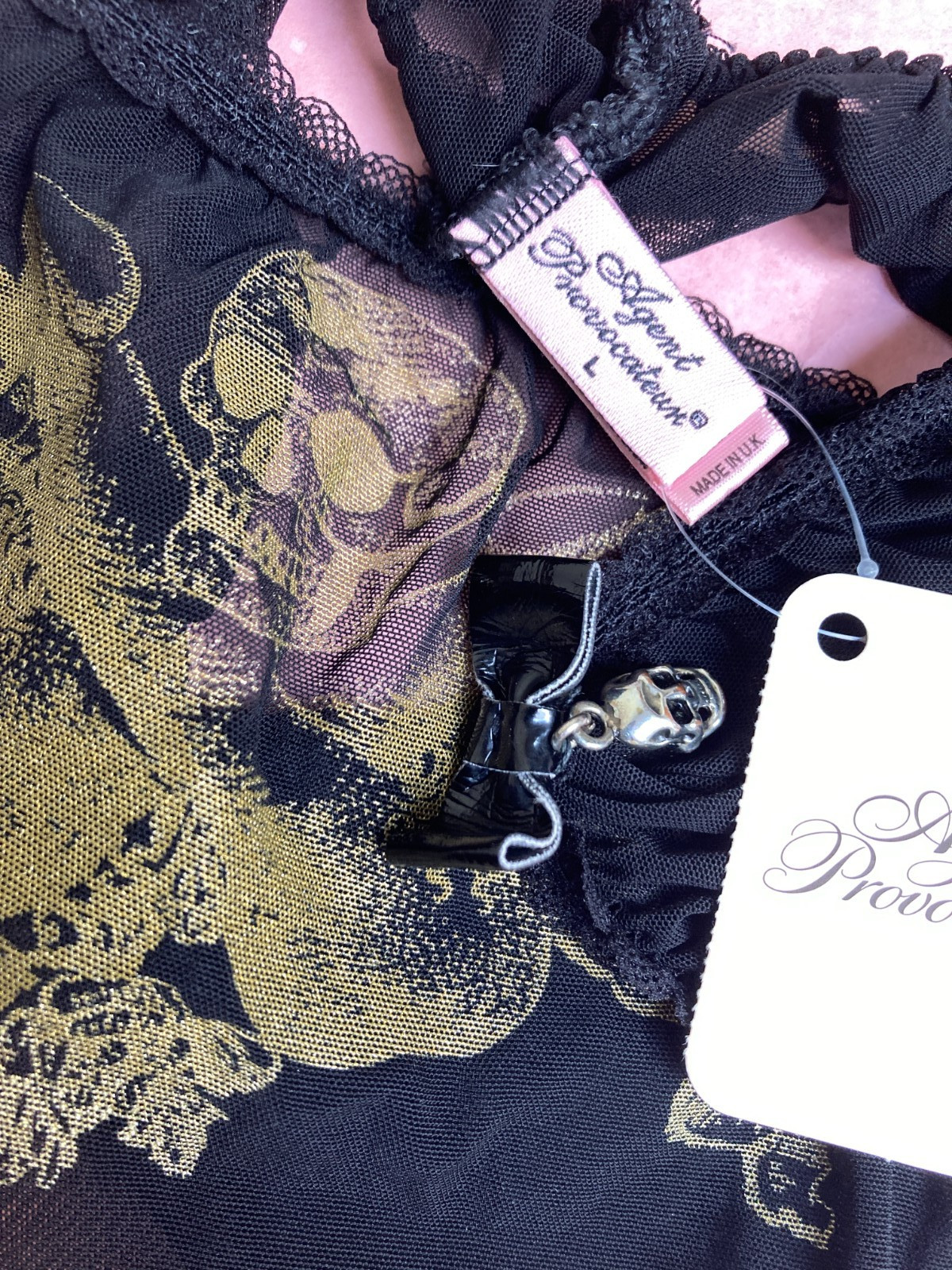 Agent Provocateur erotic skull X bones briefs L black gold new vinatge