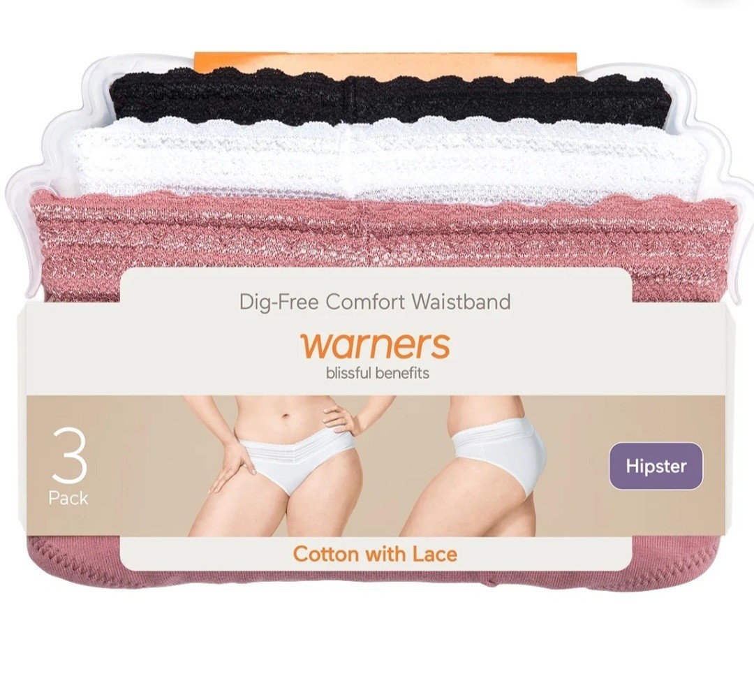 Warners Womens 3pc Dig-Free Cotton Lace Hipster Panty Set Sz S Black White Pink