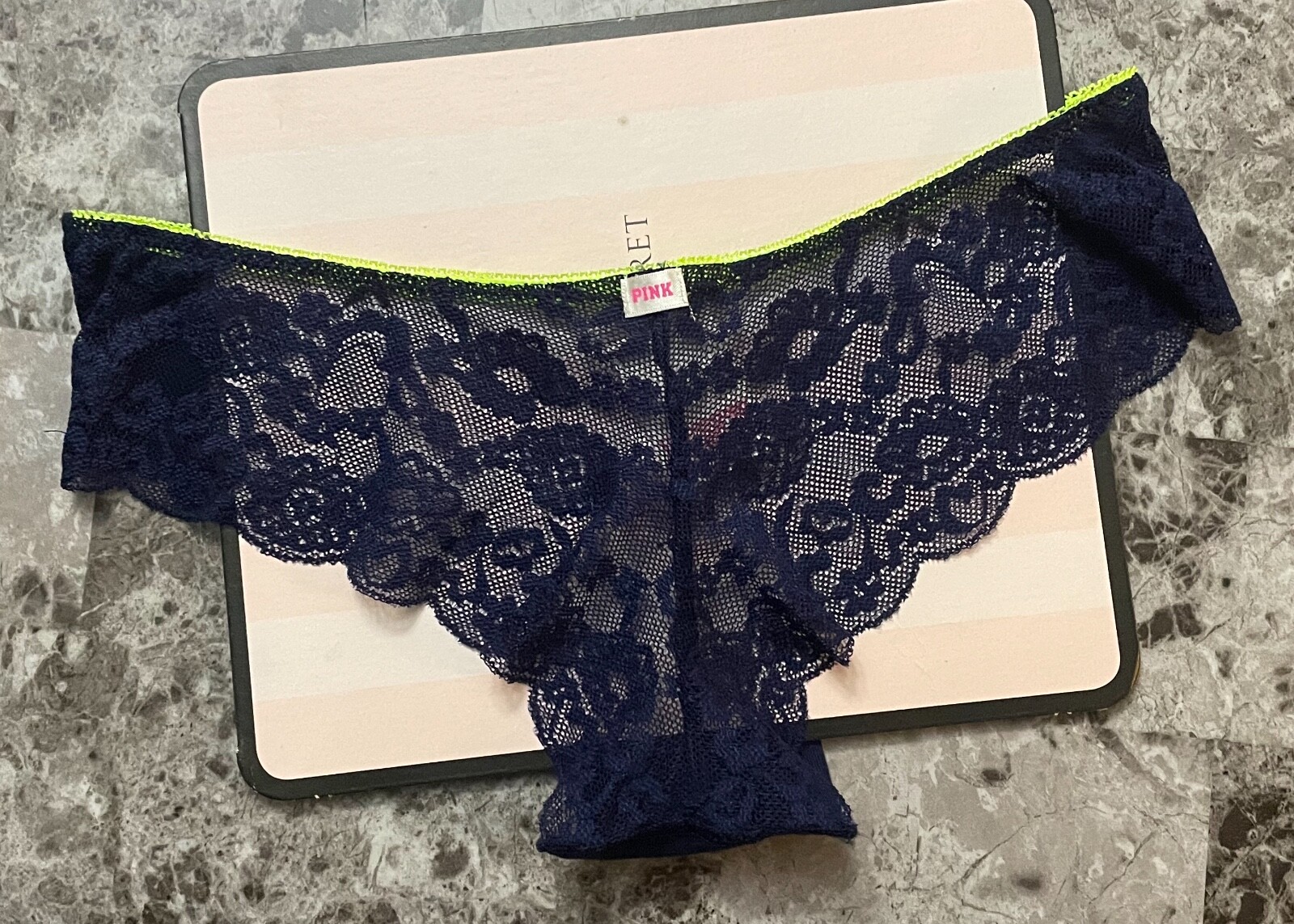 NWT VICTORIA’S SECRET PINK XS NEON NAVY BLUE LACE RARE VINTAGE HIPSTER PANTIES