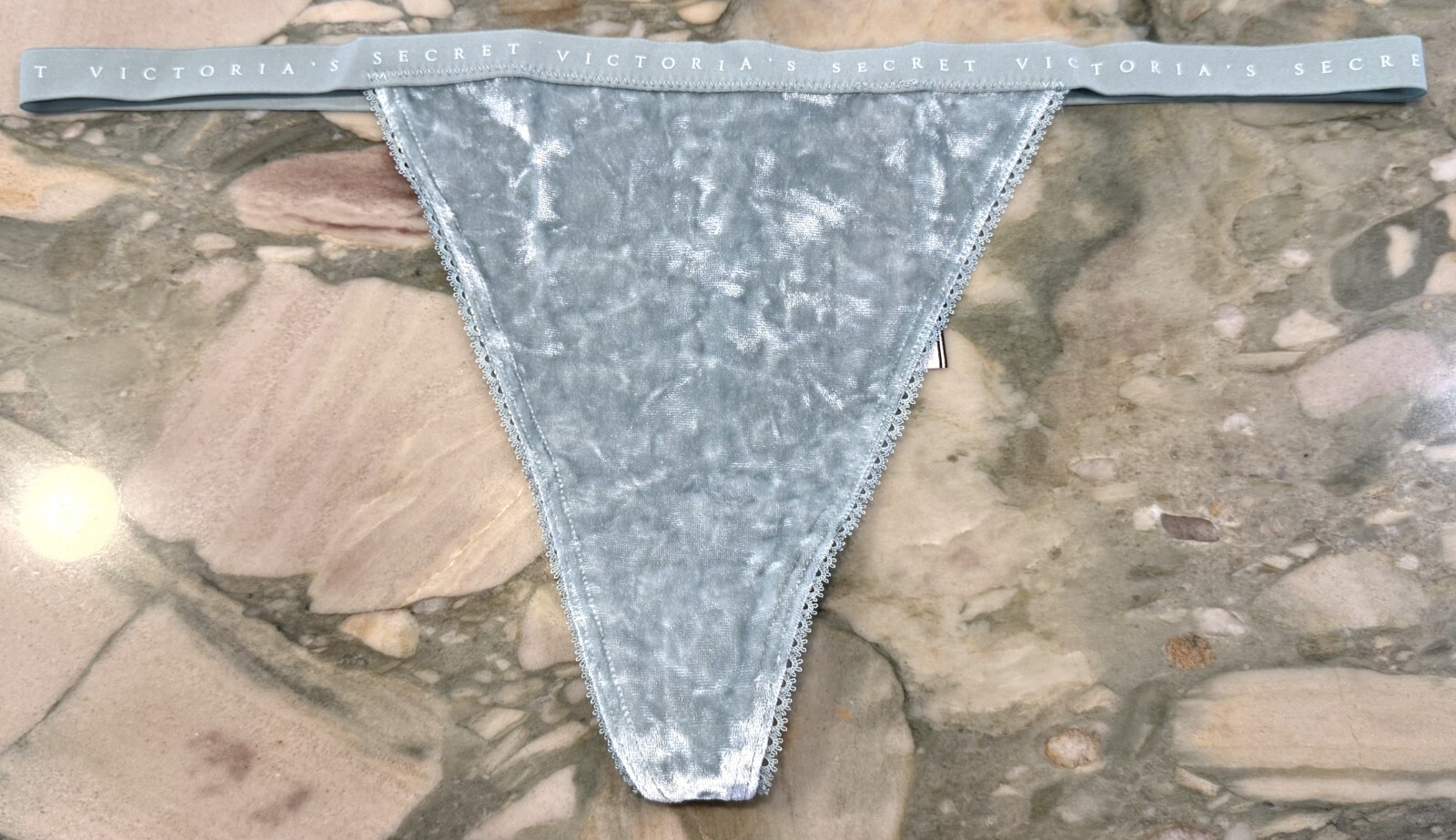 NEW Victoria Secret Velvet Logo Waist V-String Panty – Sage Dust Green – XL