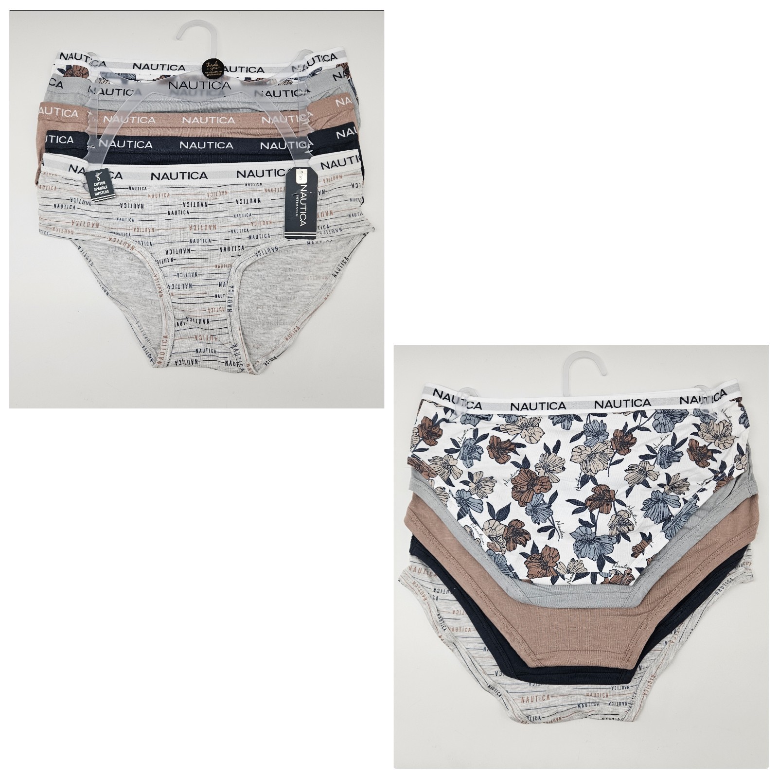 NAUTICA Women’s S M L XL 5 Pack Cotton Hipsters Panties White Gray Beige Navy Bl