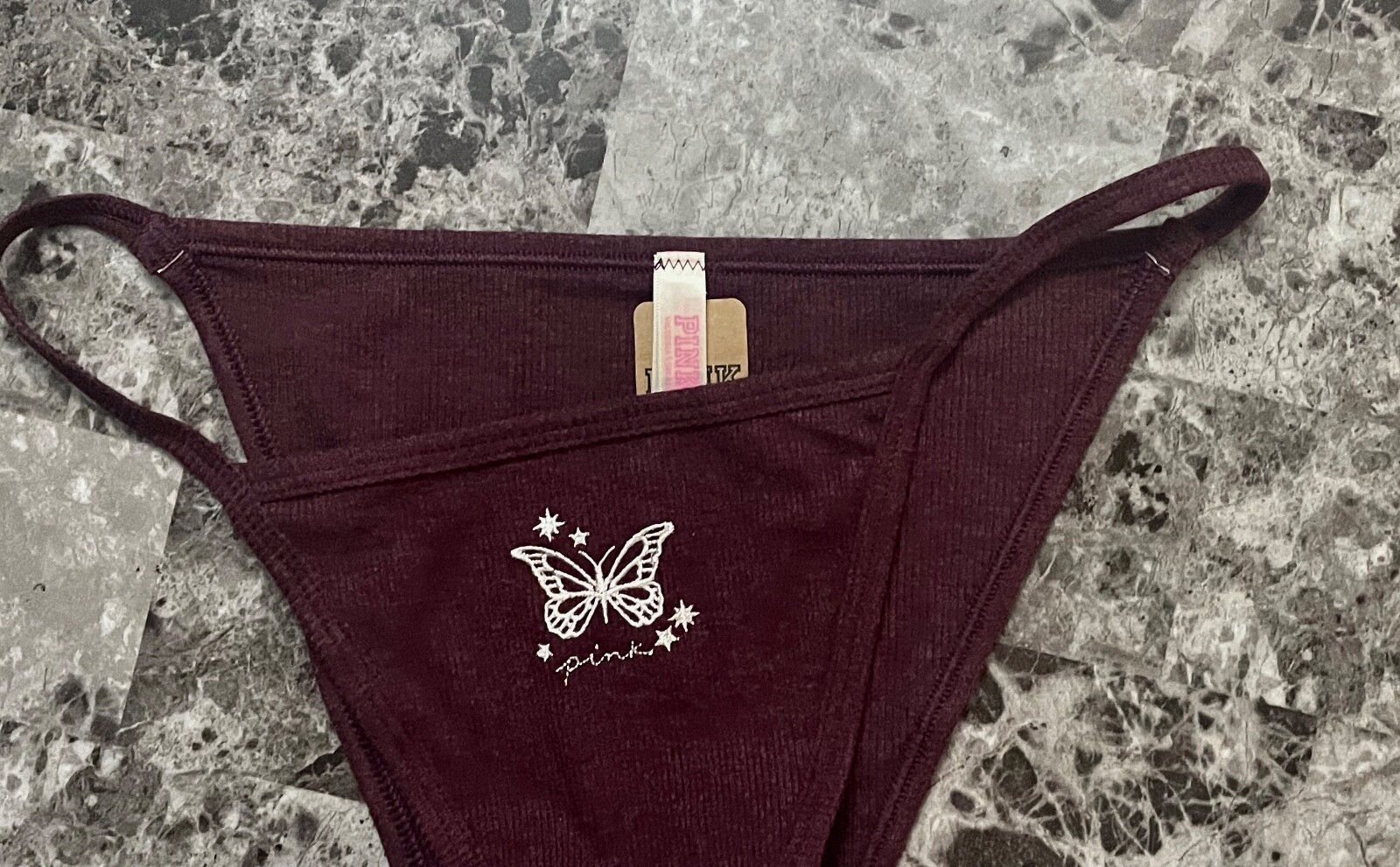NWT VICTORIA’S SECRET PINK MAROON BUTTERFLY RIB HIGH LEG STRING BIKINI PANTIES