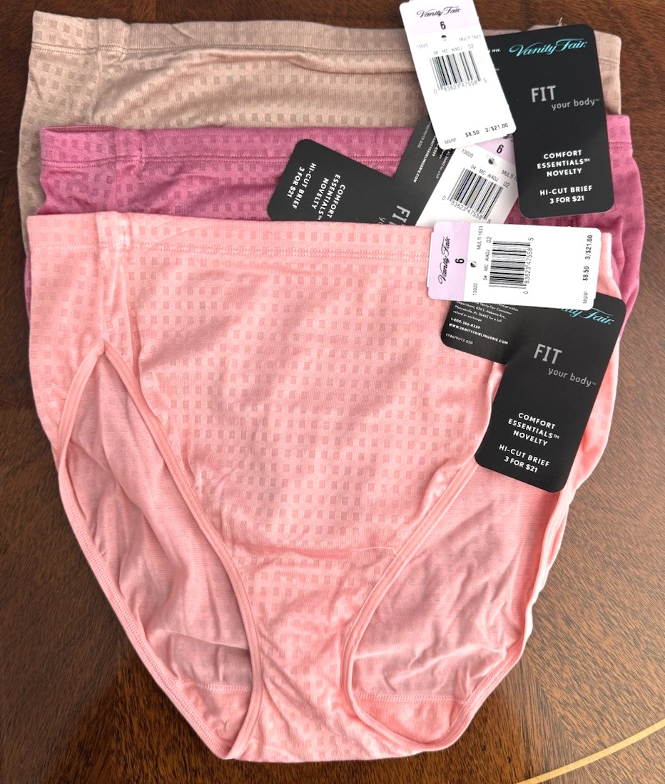 NEW 3 Pair VANITY FAIR Comfort Essentials HI CUT BRIEFS Pink Purple Brown Size 6