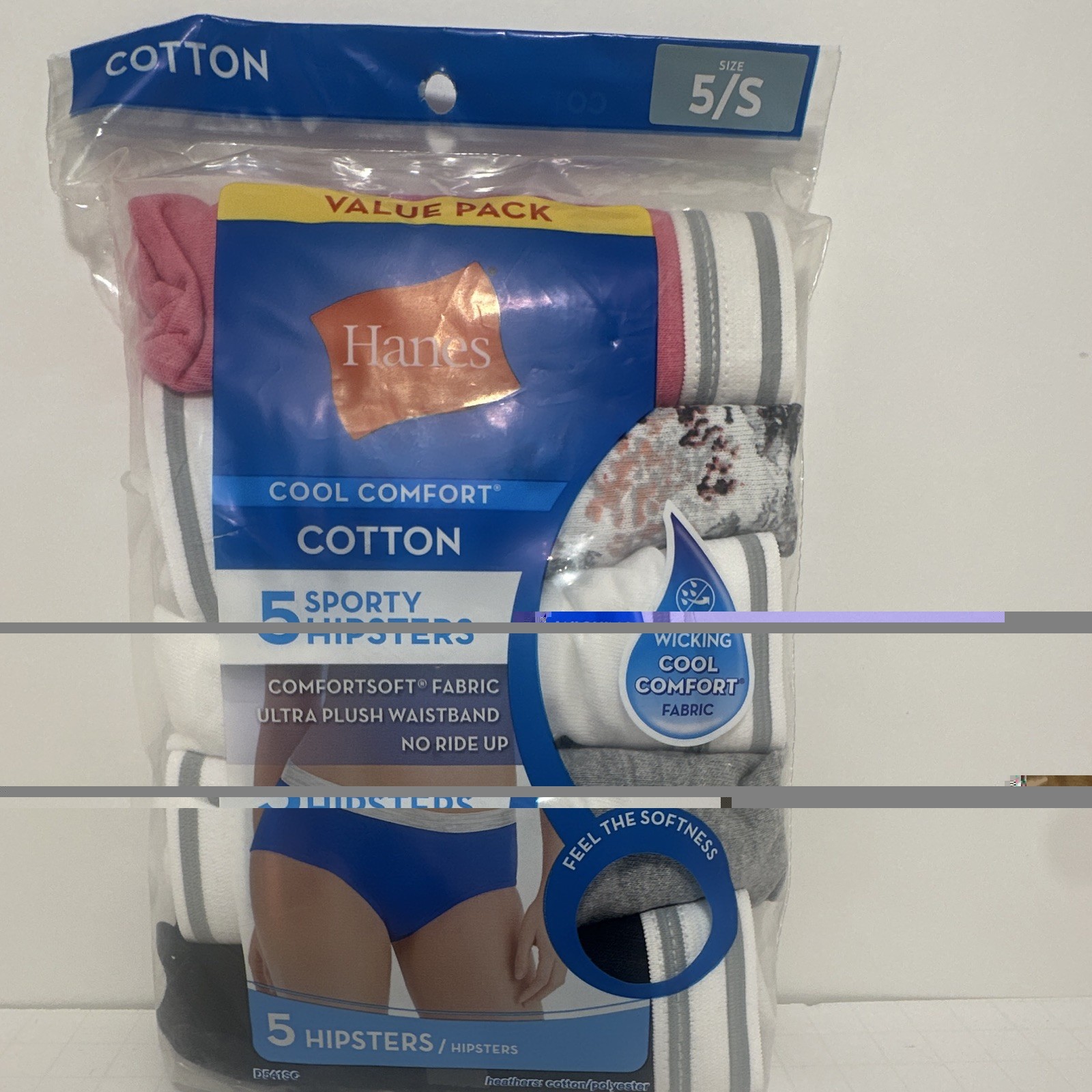Hanes Cool Comfort Cotton Tagless Moisture Wicking Hipster Panties 5 Pack 5/S