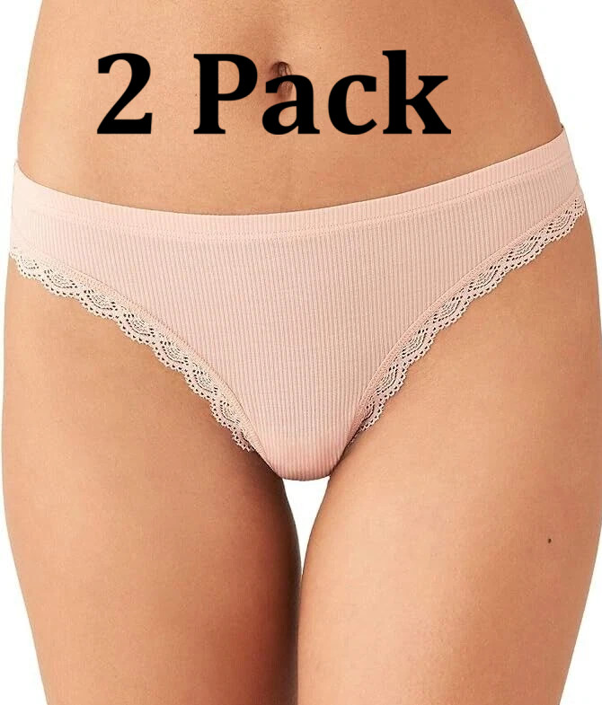 B.tempt’d Rib Thong Panty 2-Pack Innocence Lace Trim Rose Smoke Women’s S