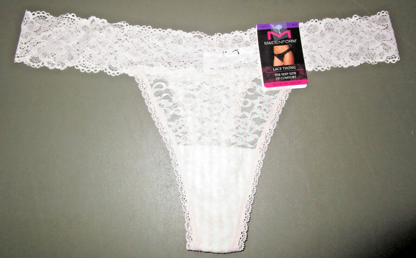 MAIDENFORM~2XL 9~DMESLT~Pink / Ivory Stripe Sexy Must Haves Floral Lace Thong