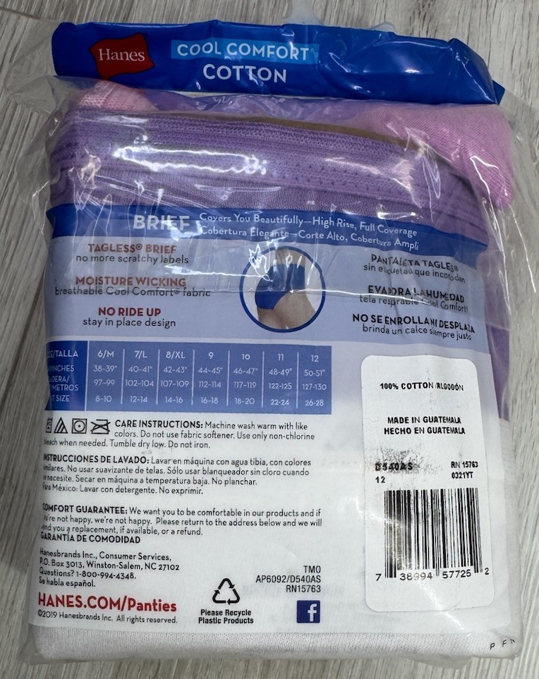 Hanes Women’s Extended Size 5-Pair Brief Underwear Panties Cotton Size 12 5XL