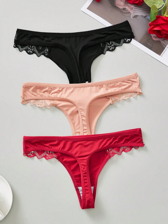 Sexy Cute Polyester Microfiber Lace Trim Thong Panties – Pack of 3