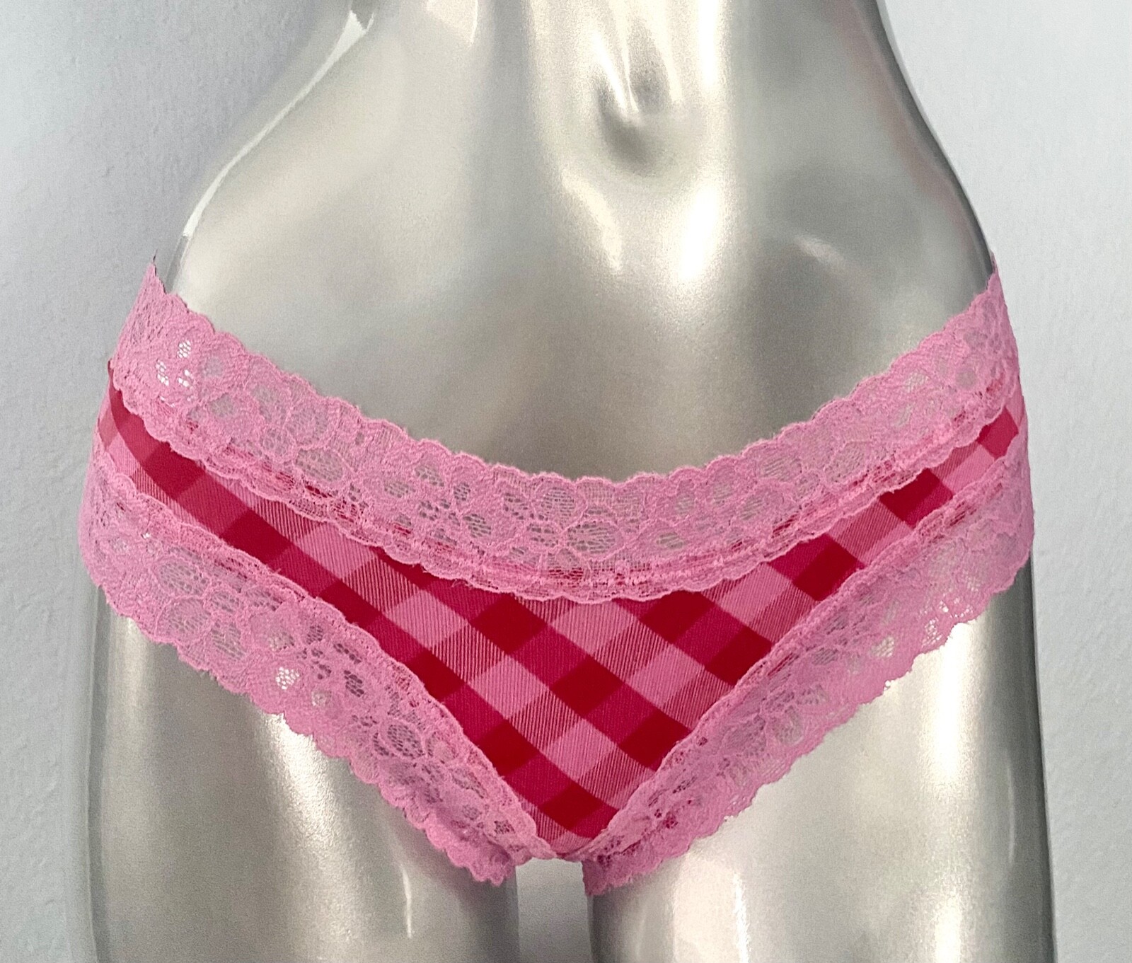 Victoria’s Secret Cheeky Panty Pink Red Plaid Check Cotton Blend Lace M L XL
