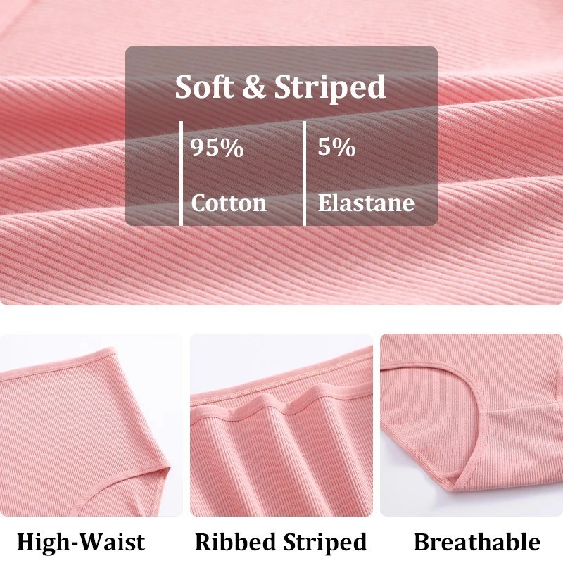 High Waist Cotton Panties Solid Women’s Soft Stretch Underwear S-XXXL 5 Pcs