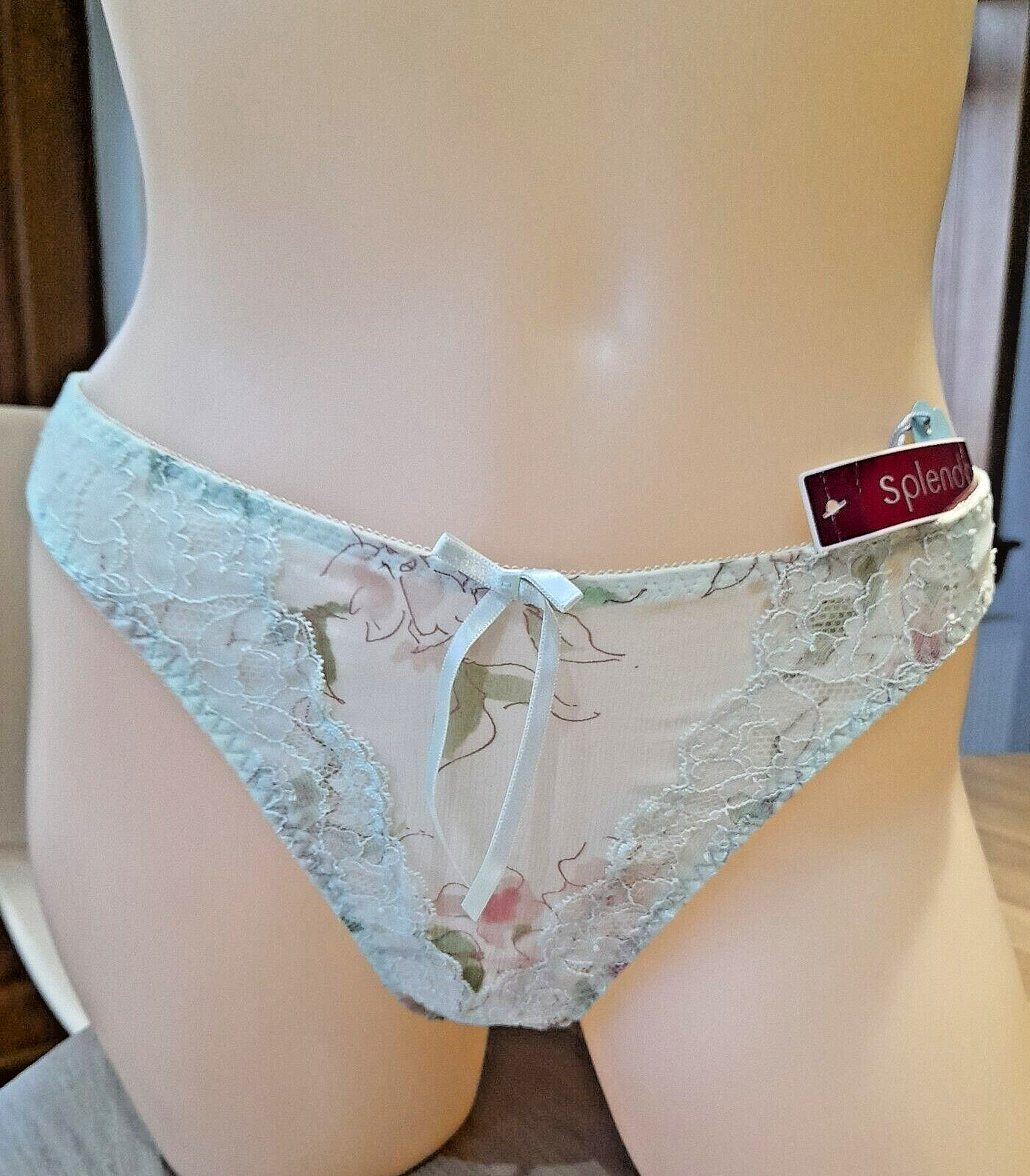 Splendour MINT Green/Brown Silk Chiffon/Lace High Leg Thong