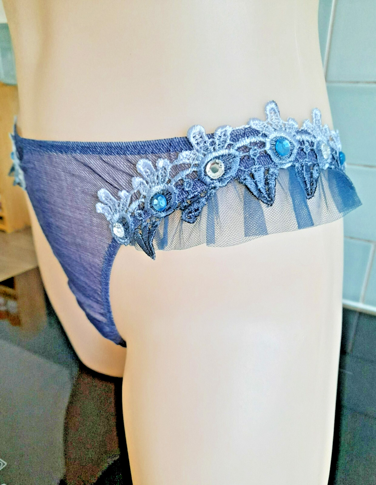 Janet Reger London Sheer Blue Denim Mesh Hipster Tanga Lace/Jewels/Ruffles