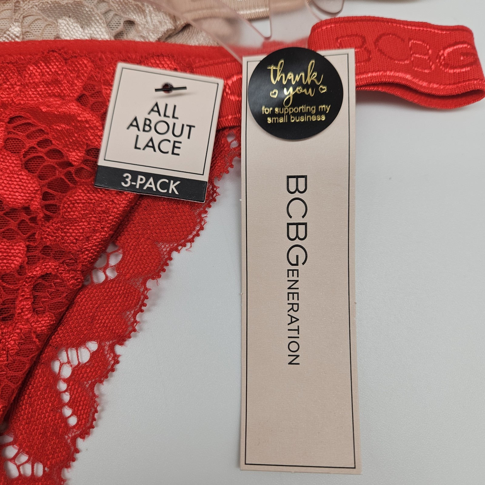 BCBGeneration 3 Pack Women’s S M L XL Lace Logo Thong Black Beige Red