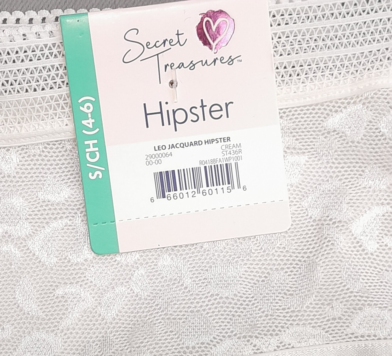 Secret Treasures Womens Panties S 4/6 Cream Jacquard Lace Hipster Semi Sheer NWT