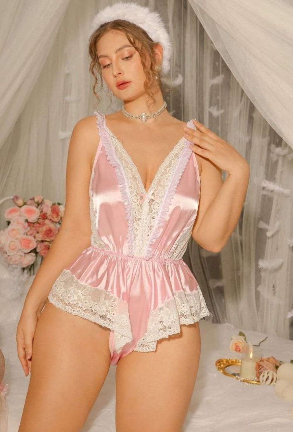 Women’s Pink Satin & Lace Teddy Bodysuit Deep V Babydoll Lingerie size 2XL 20