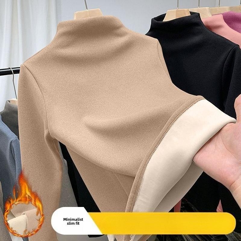 WomenThermalUnderwearWinterHalfHighCollarTopBottomShirtSolidWarmLayerSemiHigh