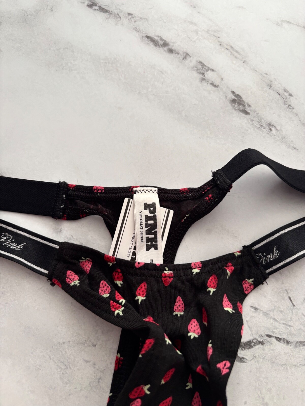 PINK Victoria’s Secret Thong Panty Black Strawberry Logo Extra Low Rise S M L XL