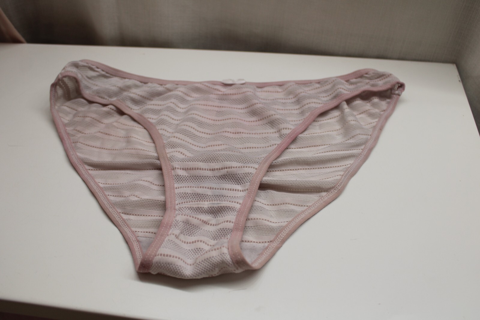 Women’s white beige Striped polyester Mesh Bikini Panties M