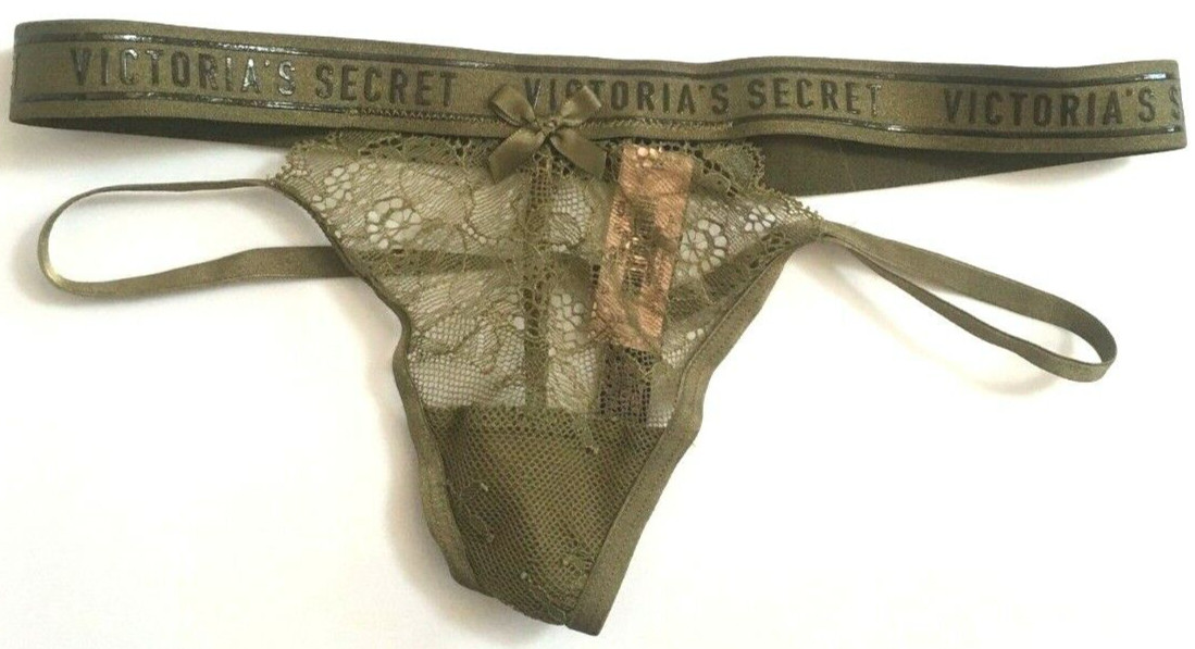 Victorias Secret Green Logo Waist V-String Thong Size XS Lace Cut-Outs Strappy
