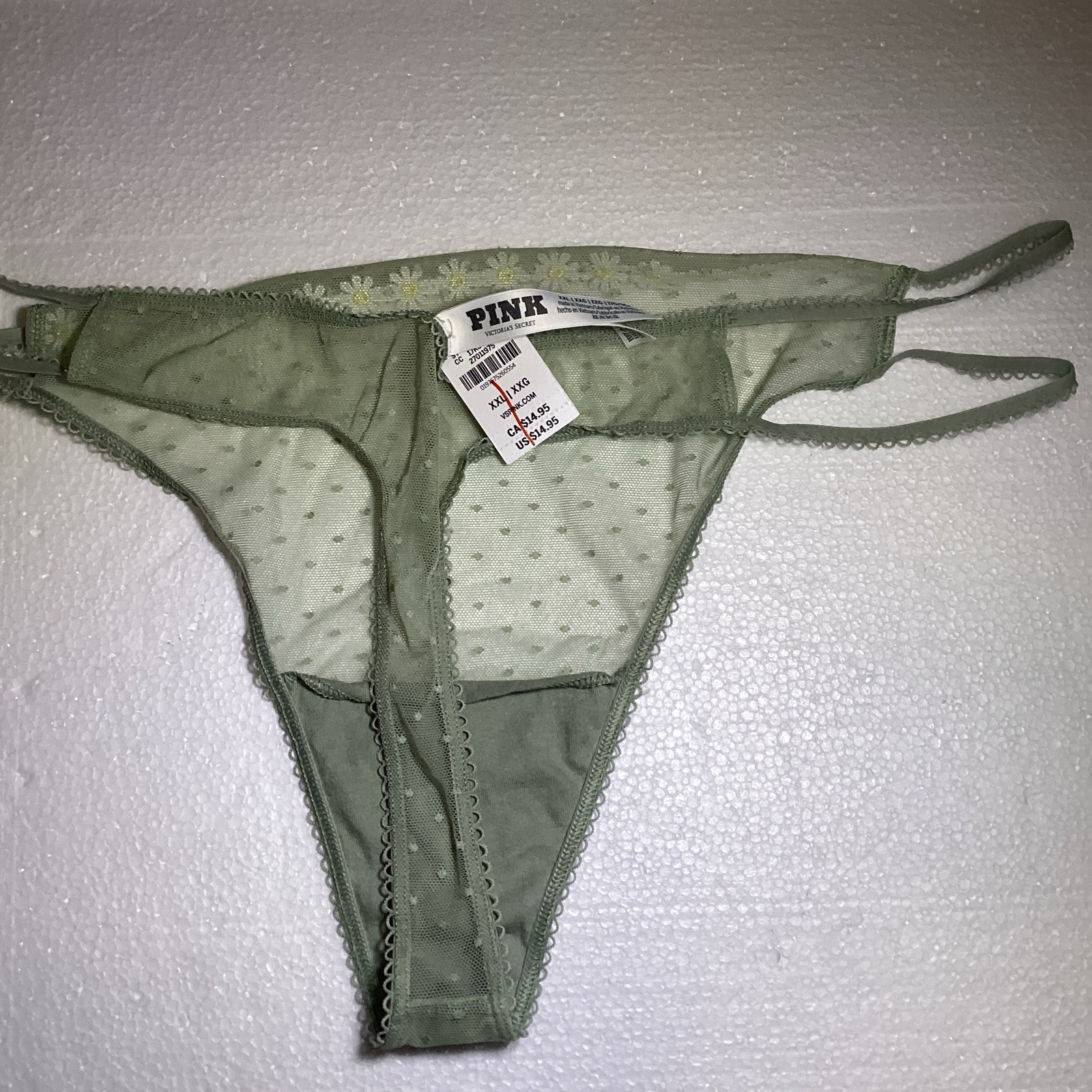 PINK Women’s Green Sheer Mesh Polka Dot Embroidered Daisy Thong Panties XXL
