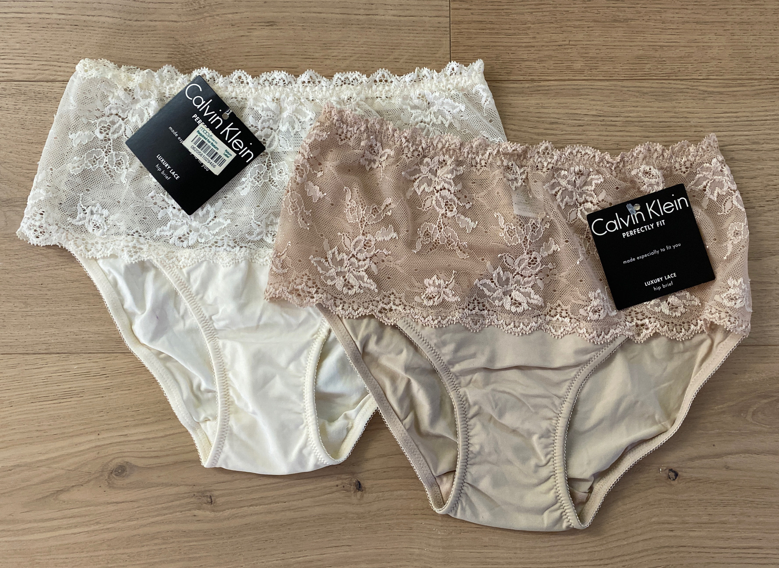 NWT Lot Of 2 Sz S Calvin Klein Nylon Luxury Lace Hip Brief Panties Ivory Beige