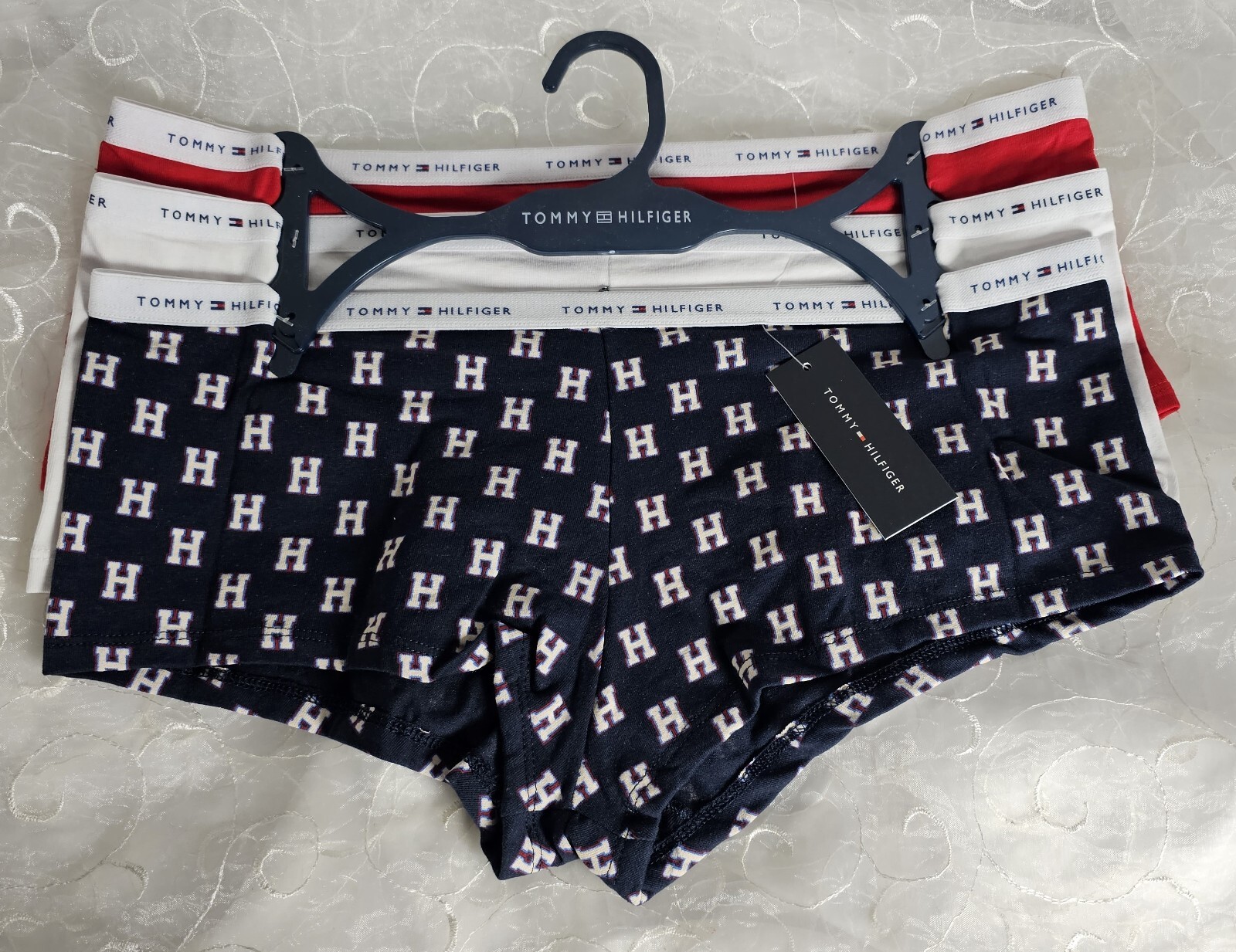 Tommy Hilfiger 3 Pack BoyShorts XL Solid Red, White & Navy w/Logo Cotton Stretch